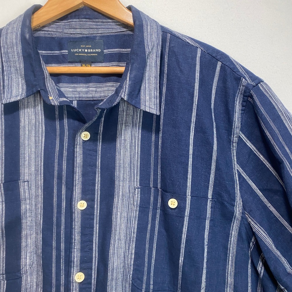Lucky Brand  Linen Blend Stripe Short Sleeve Button Up  Mens XL Navy White Shirt